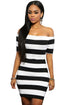 Black White Striped Off Shoulder Mini Dress